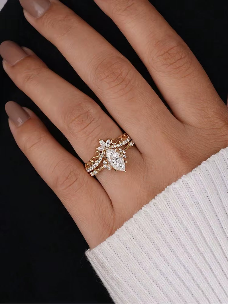 Exquisite 1CT Marquise Wedding Set in Elegant Yellow Gold 925 Sterling Silver