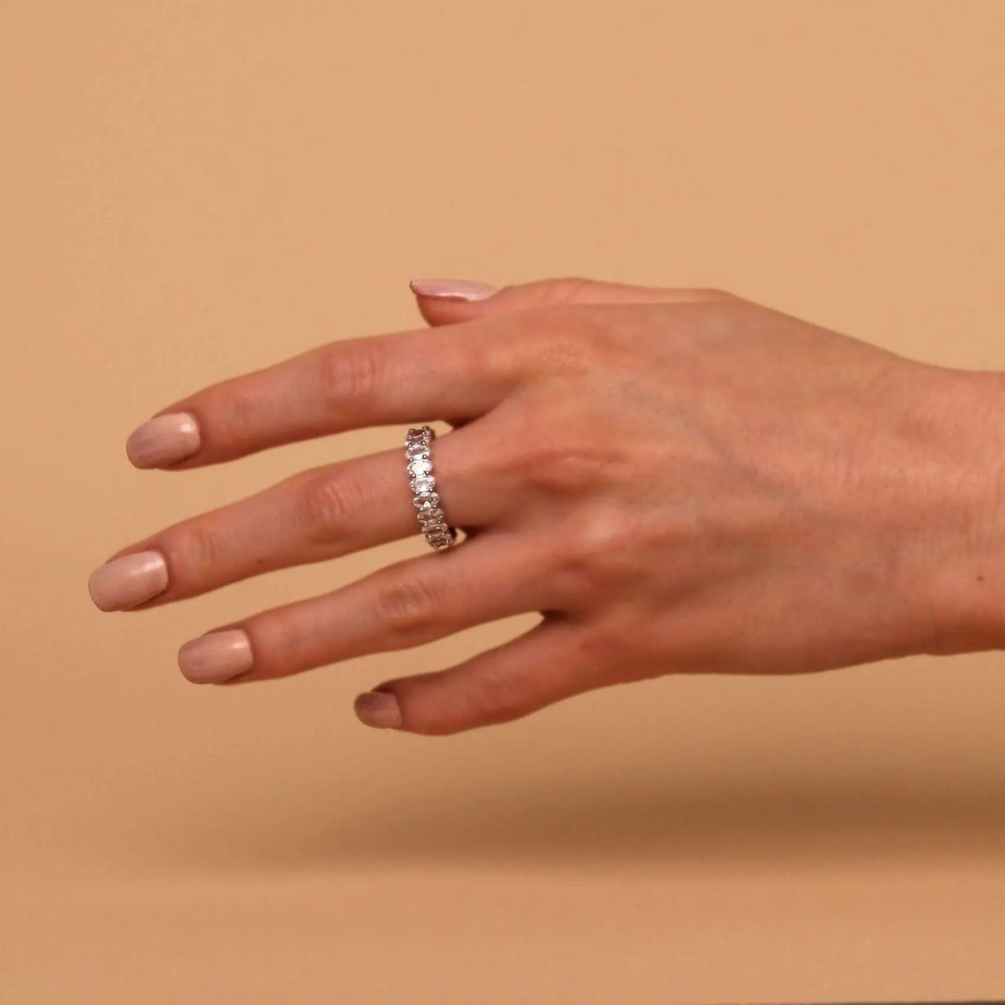 Elevate Your Style with the Stunning 14K Gold Plated Oval Eternity Stackable Ring for Women - Adorned with Sparkling Cubic Zirconia