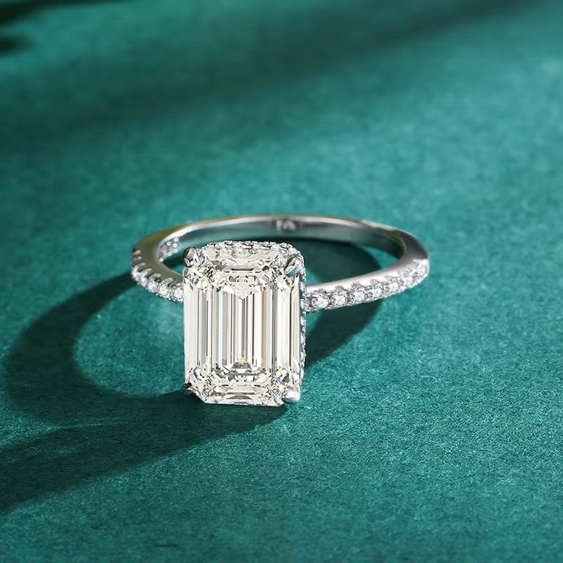 Stunning 3CT Emerald Cut Moissanite Engagement Ring with Hidden Halo in 925 Sterling Silver – Perfect for Weddings & Special Occasions