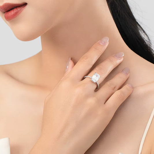 Stunning 3CT Emerald Cut Moissanite Engagement Ring with Hidden Halo in 925 Sterling Silver – Perfect for Weddings & Special Occasions