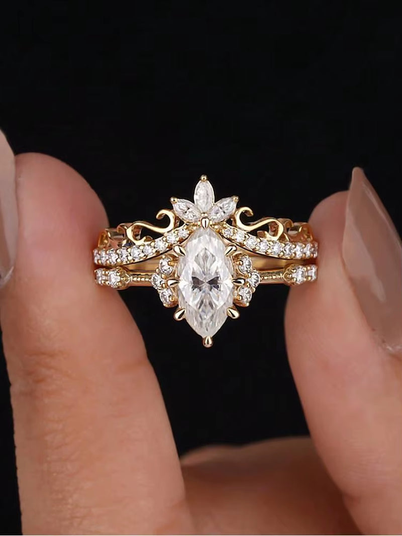Exquisite 1CT Marquise Wedding Set in Elegant Yellow Gold 925 Sterling Silver