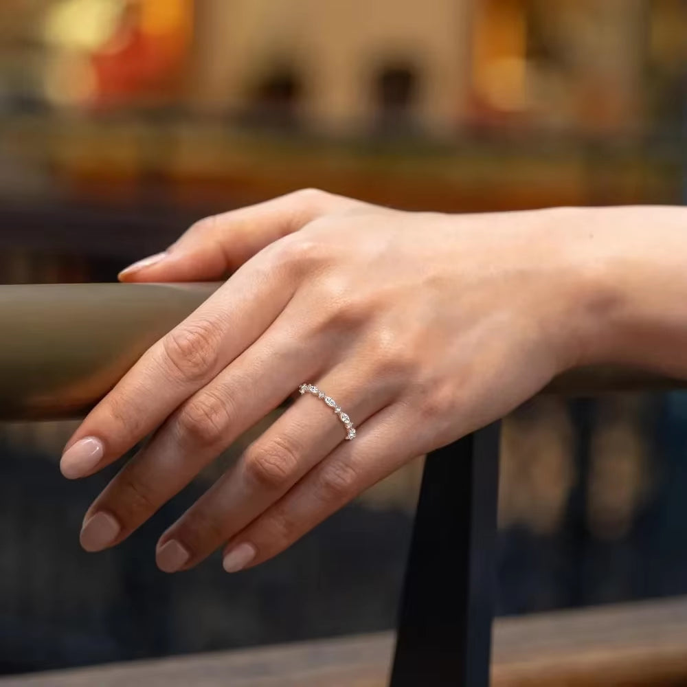 Stunning Marquise Wedding Band: 14k Gold Plated Stackable Ring with Sparkling Cubic Zirconia for Women