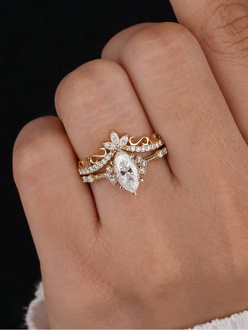 Exquisite 1CT Marquise Wedding Set in Elegant Yellow Gold 925 Sterling Silver