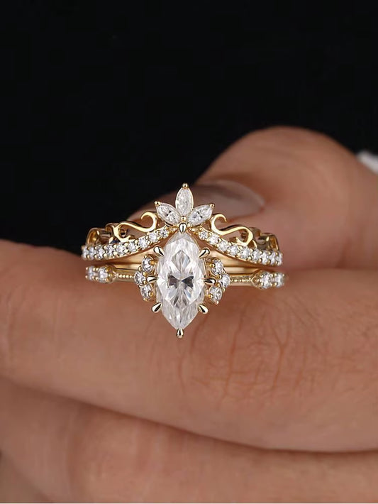 Exquisite 1CT Marquise Wedding Set in Elegant Yellow Gold 925 Sterling Silver